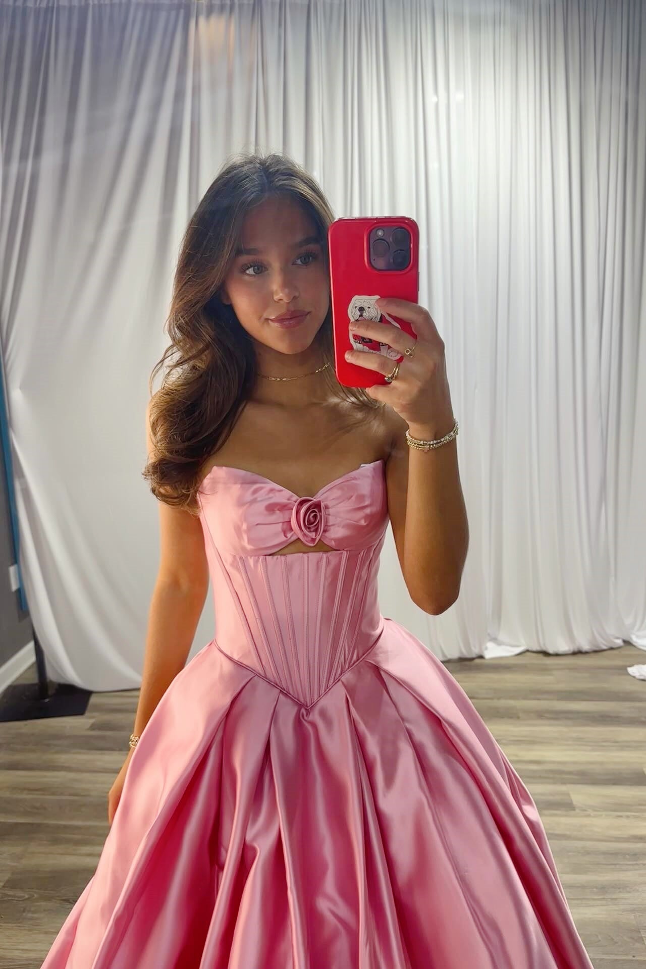 Pink Strapless 3D Floral Cut-Out A-Line Dress