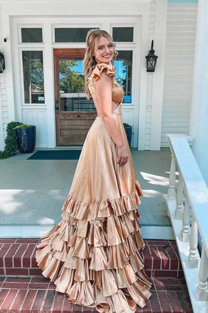 Strapless Champagne Ruffle Long Dress with Side Slit