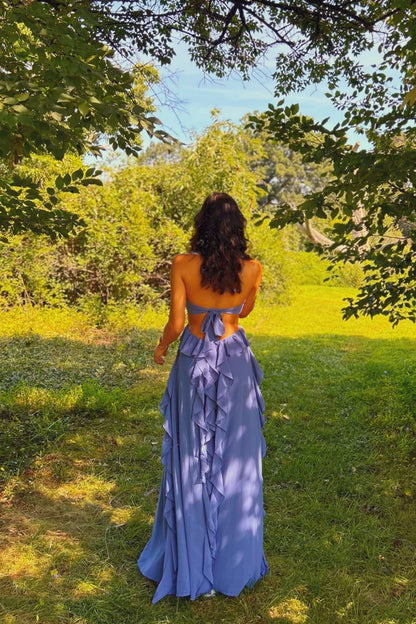 Haze Blue Halter A-Line 3D Floral Ruffle Dress