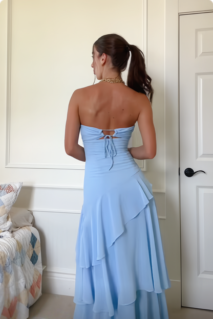 Blue Strapless Cut-Out Ruffle A-Line Dress