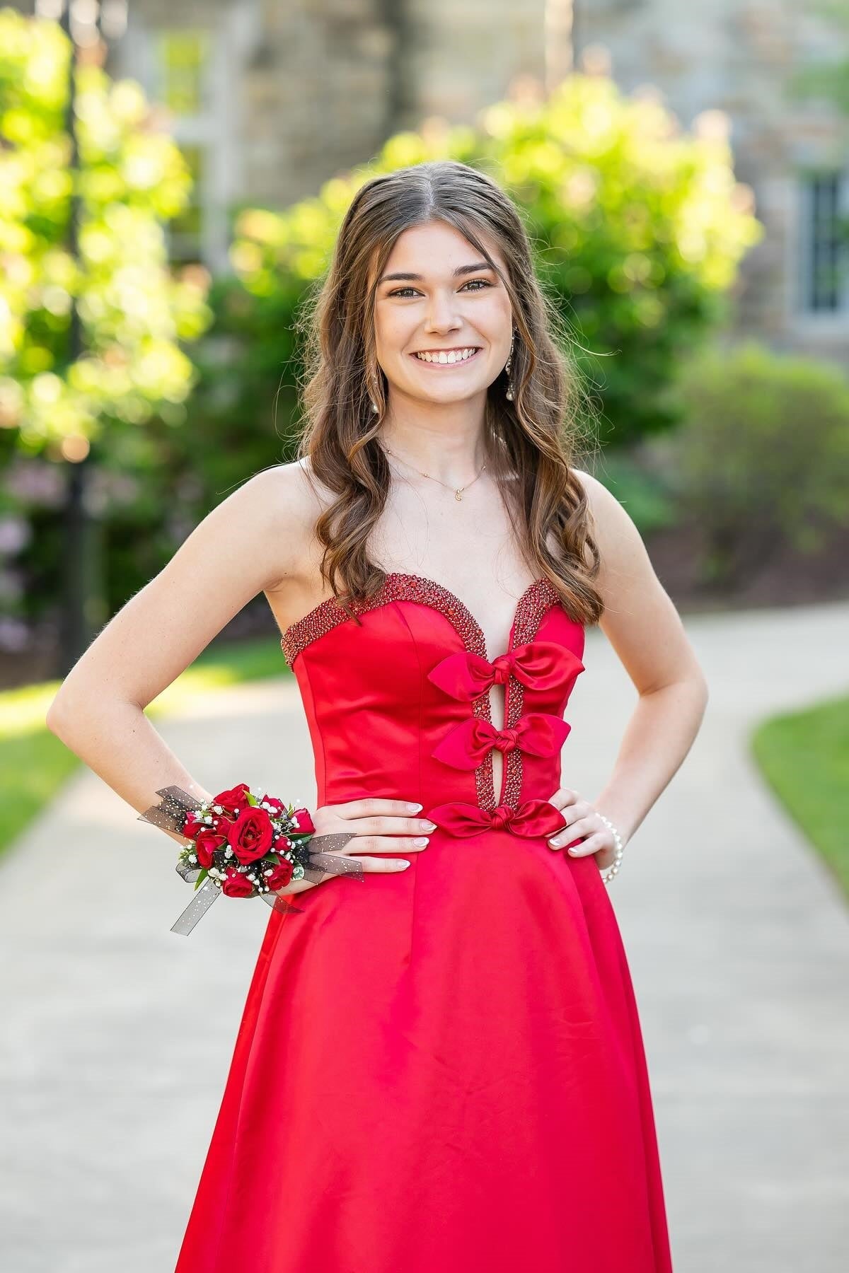 Red Beaded Bows Sweetheart Neckline Long Dress