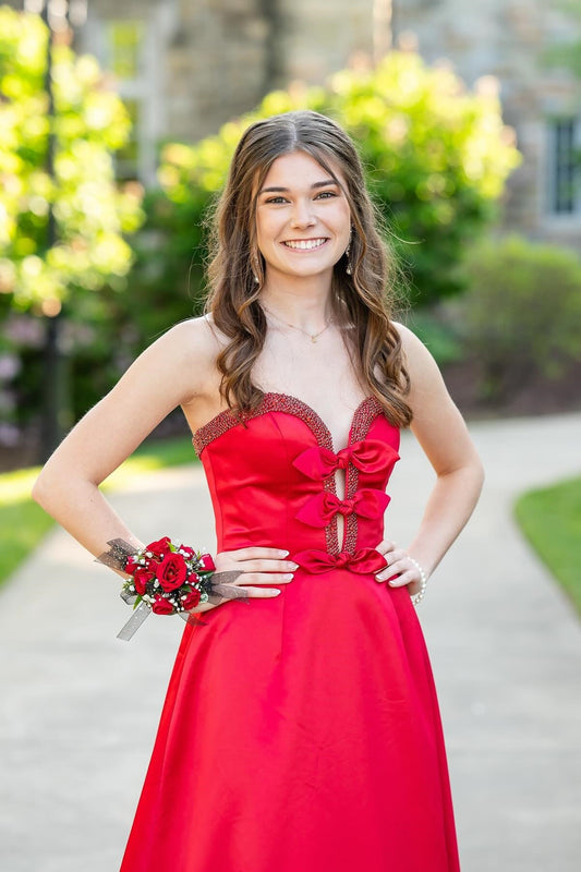 Red Beaded Bows Sweetheart Neckline Long Dress