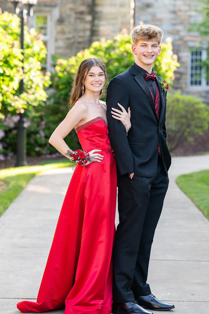 Red Beaded Bows Sweetheart Neckline Long Dress