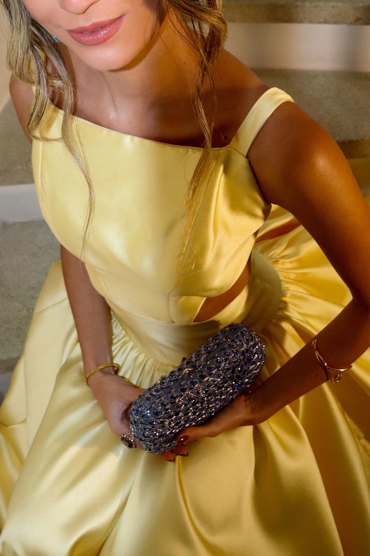 Square Neckline Backless Yellow Satin A-line Long Dress
