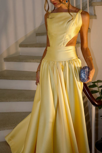 Square Neckline Backless Yellow Satin A-line Long Dress