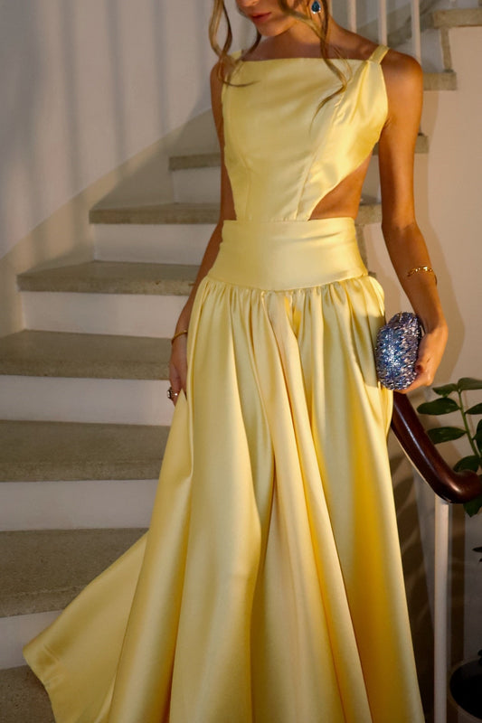 Square Neckline Backless Yellow Satin A-line Long Dress