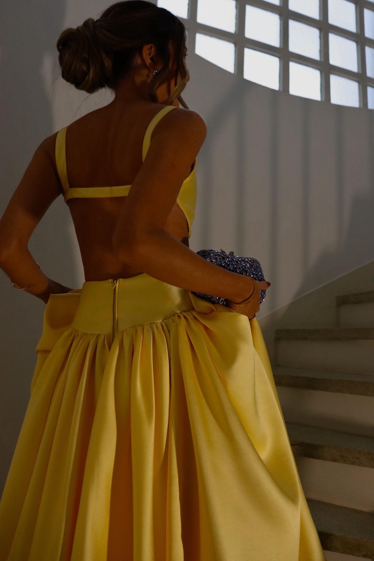 Square Neckline Backless Yellow Satin A-line Long Dress