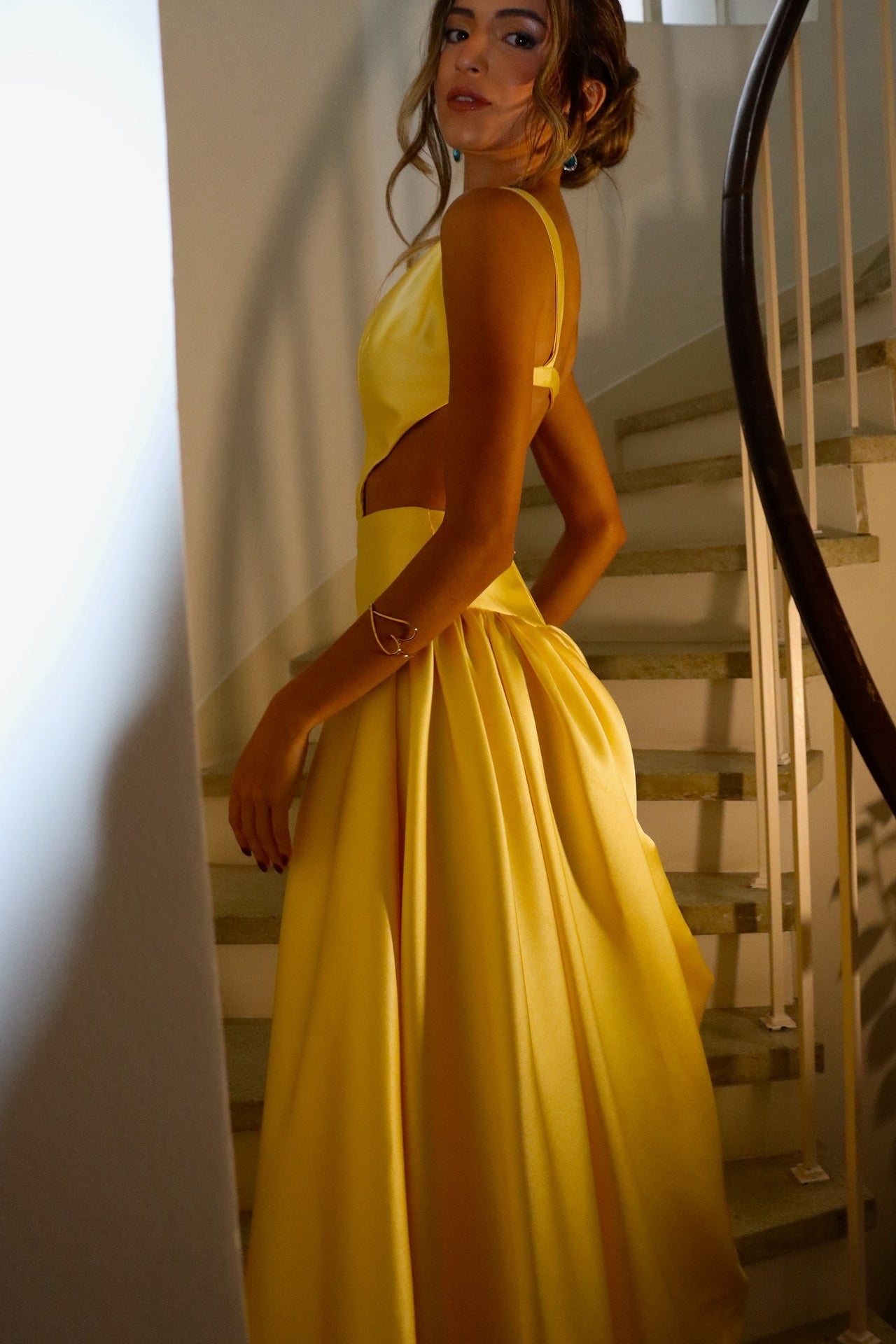 Square Neckline Backless Yellow Satin A-line Long Dress