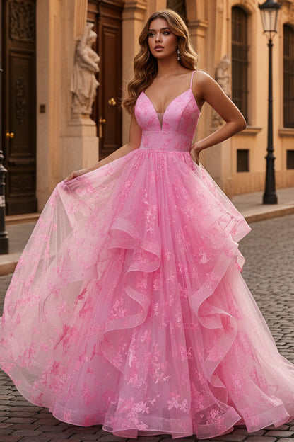 Pink Sweetheart Spaghetti Strap Sequin Layered A-line Prom Dress