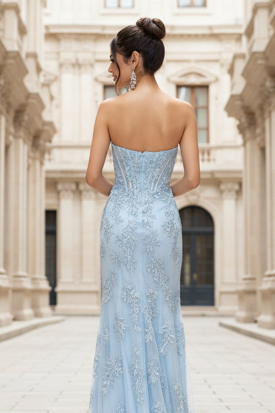 Light Blue Appliques Sweetheart Slit Mermaid Prom Gown