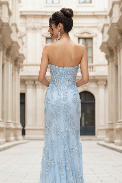 Light Blue Appliques Sweetheart Slit Mermaid Prom Gown