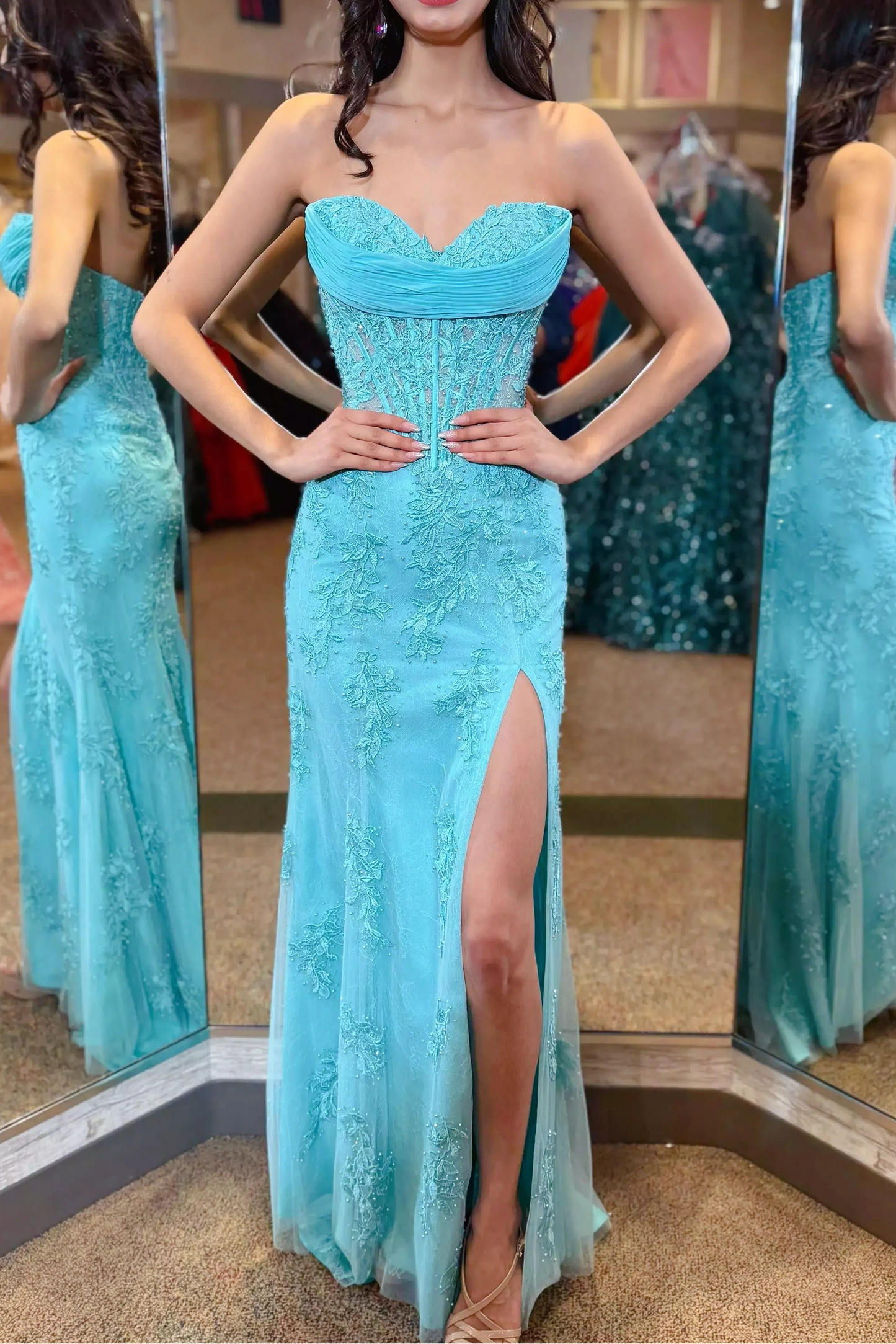 Light Blue Appliques Sweetheart Slit Mermaid Prom Gown