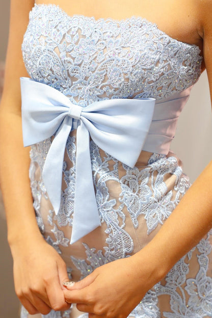 Light Blue Strapless Fitted Bow Prom Dress Slit Party Dress
