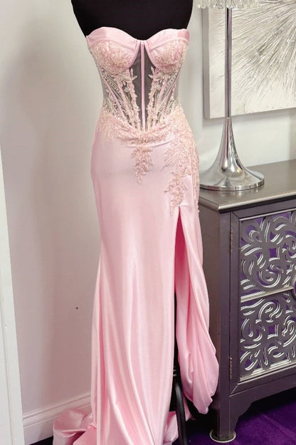 Pink Appliques Satin Slit Sweetheart Mermaid Gown