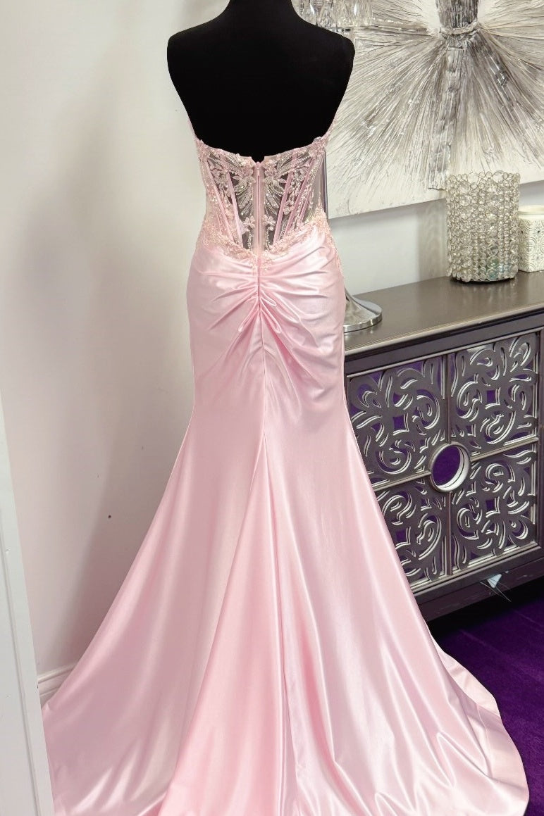 Pink Appliques Satin Slit Sweetheart Mermaid Gown