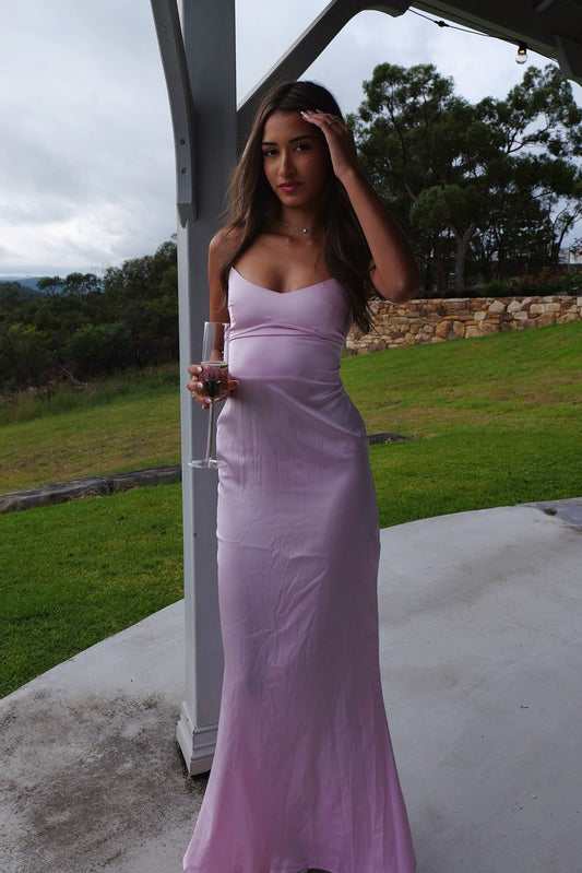Spaghetti Straps A-line Pink Long Satin Dress Backless Prom Dress