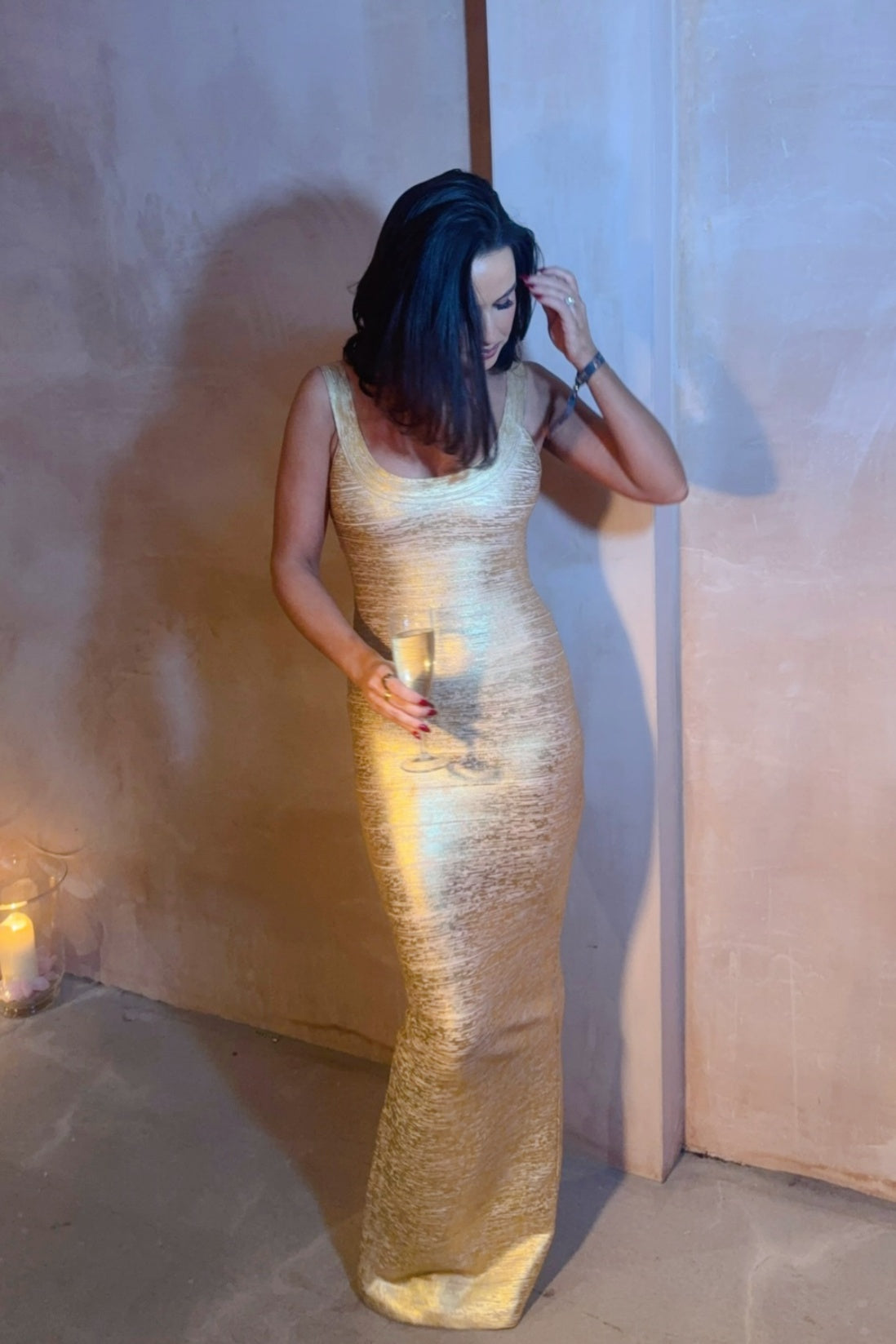Sexy Golden Backless Fitted Long Party Dress Prom Dress