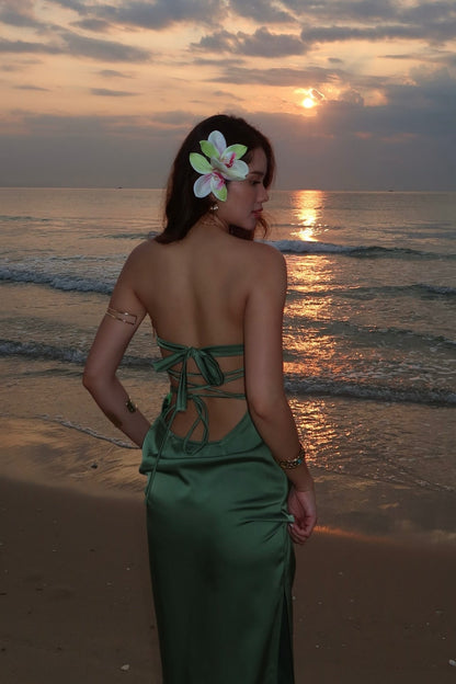 Sage Green Strapless Backless Slit Satin Dress