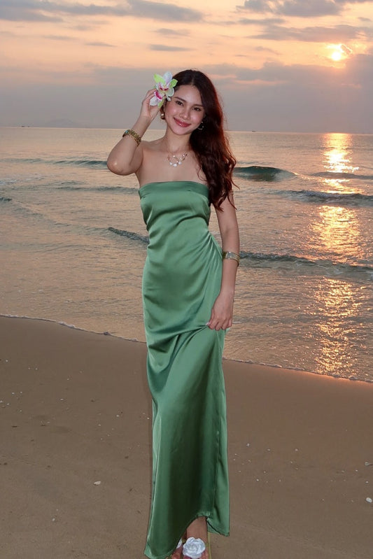Sage Green Strapless Backless Slit Satin Dress