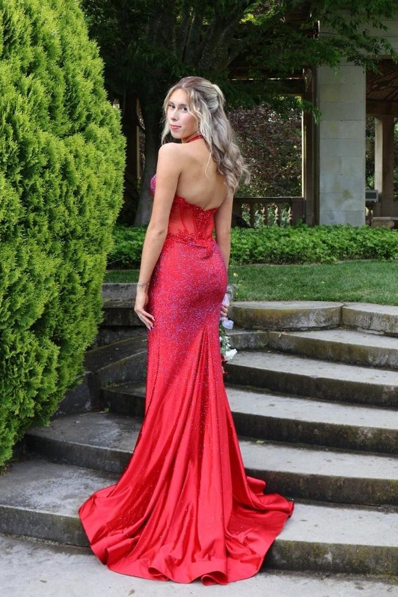 Red Halter V-Neck Rhinestone Mermaid Prom Dress