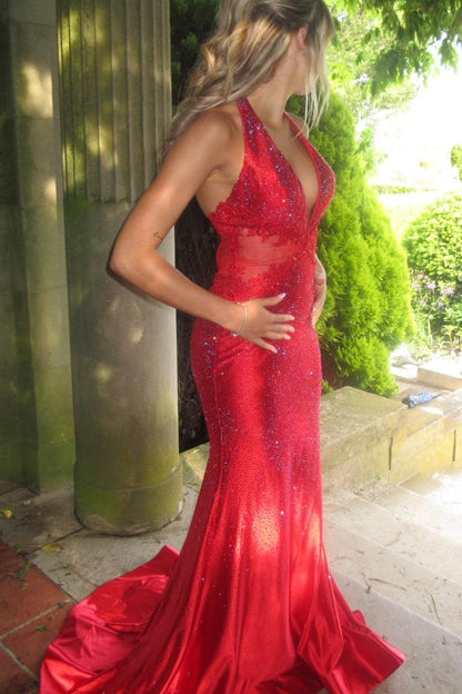 Red Halter V-Neck Rhinestone Mermaid Prom Dress