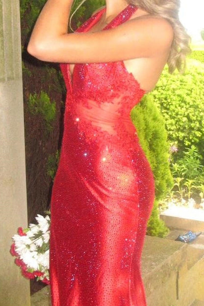 Red Halter V-Neck Rhinestone Mermaid Prom Dress