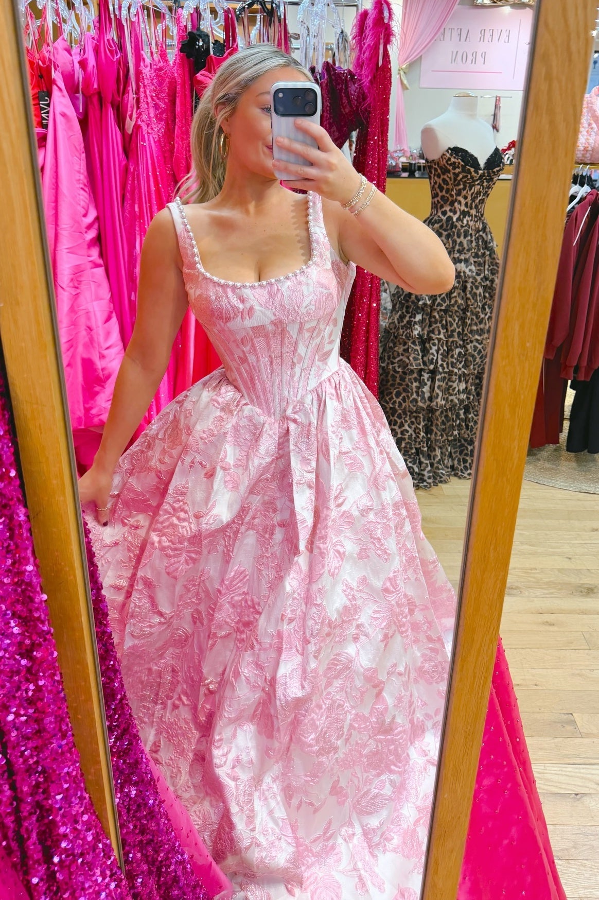 Elegant Pink Square Pearls Floral A-Line Prom Dress