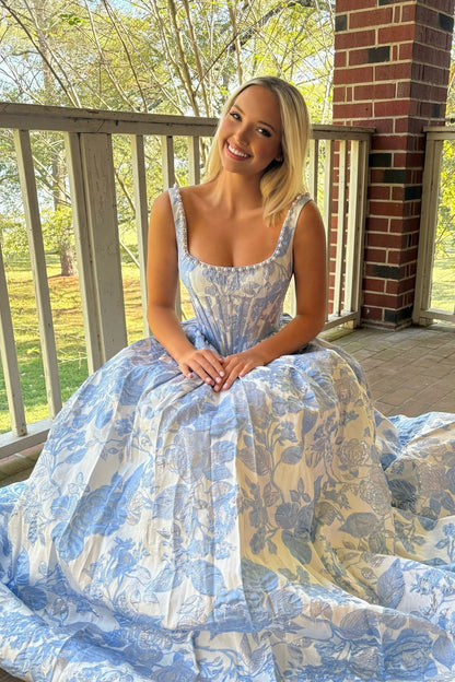 Elegant Pink Square Pearls Floral A-Line Prom Dress