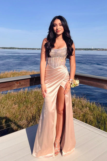 Strapless Slit Rhinestones Satin Fitted Long Dress