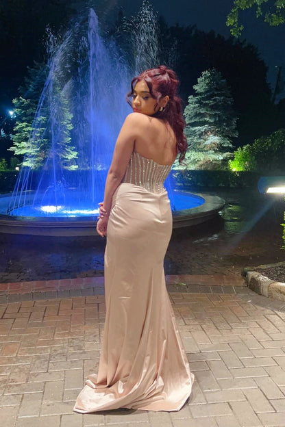 Strapless Slit Rhinestones Satin Fitted Long Dress
