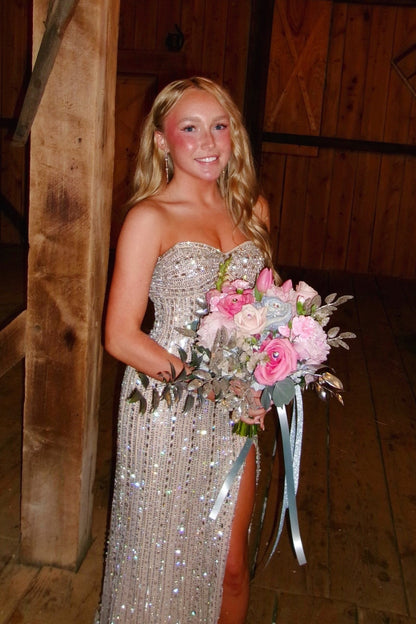 Glitter Sweetheart Silver Rhinestone Dress with Slit