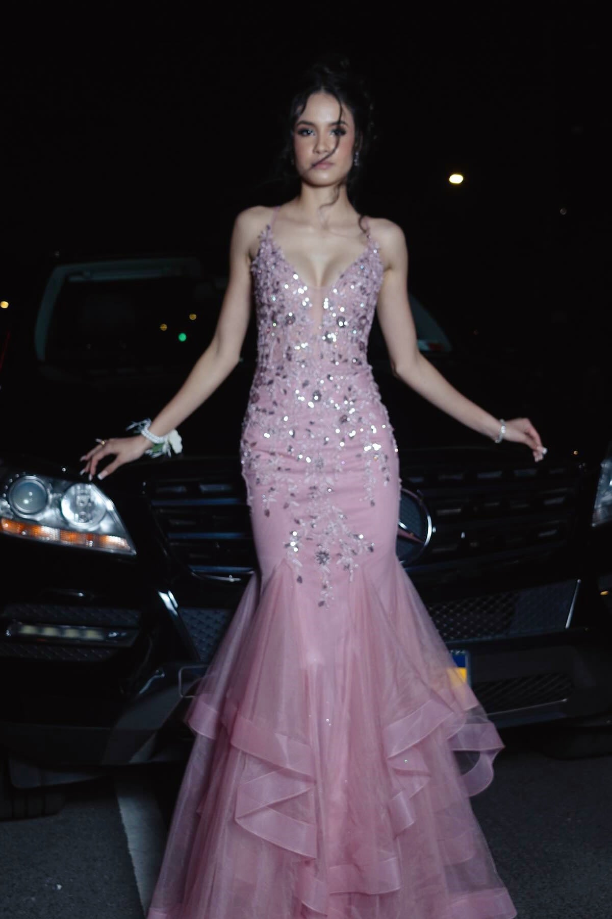 Pink Sequins Spaghetti Straps V-neck Mermaid Prom Dress