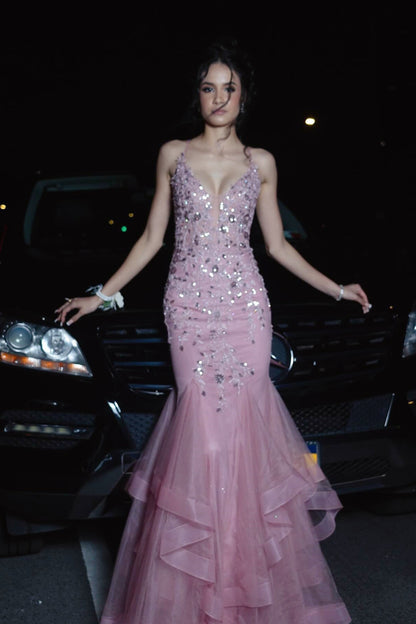 Pink Sequins Spaghetti Straps V-neck Mermaid Prom Dress