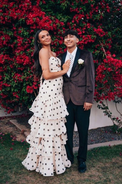 Sweetheart White Polka Dots Cutout Fitted Tiered Prom Dress