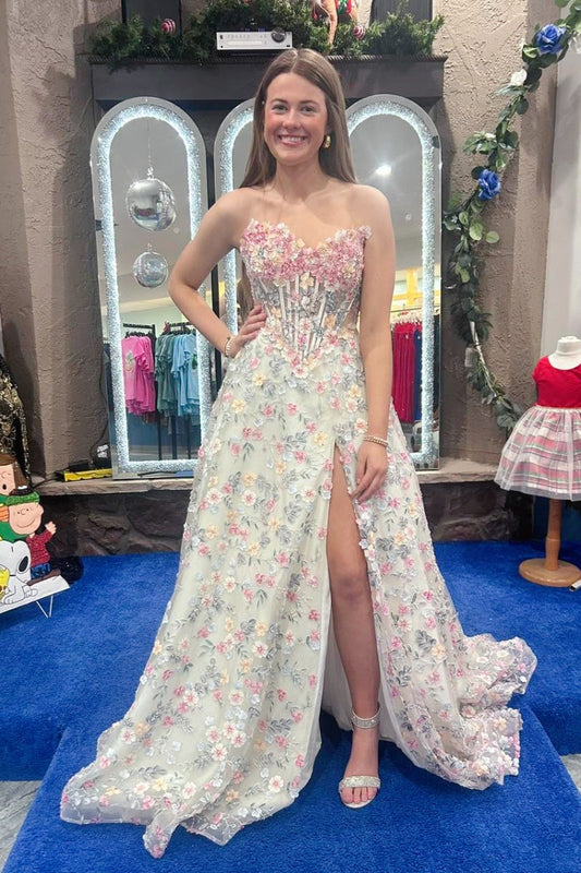 Pink Sweetheart A-line Floral Appliques Slit Prom Dress Princess Dress