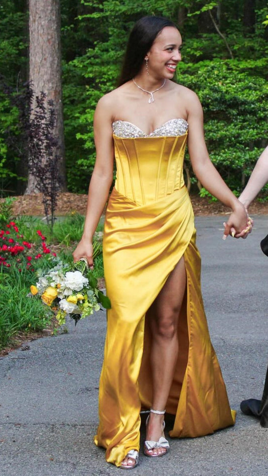 Yellow Satin Slit Sweetheart Mermaid Gown