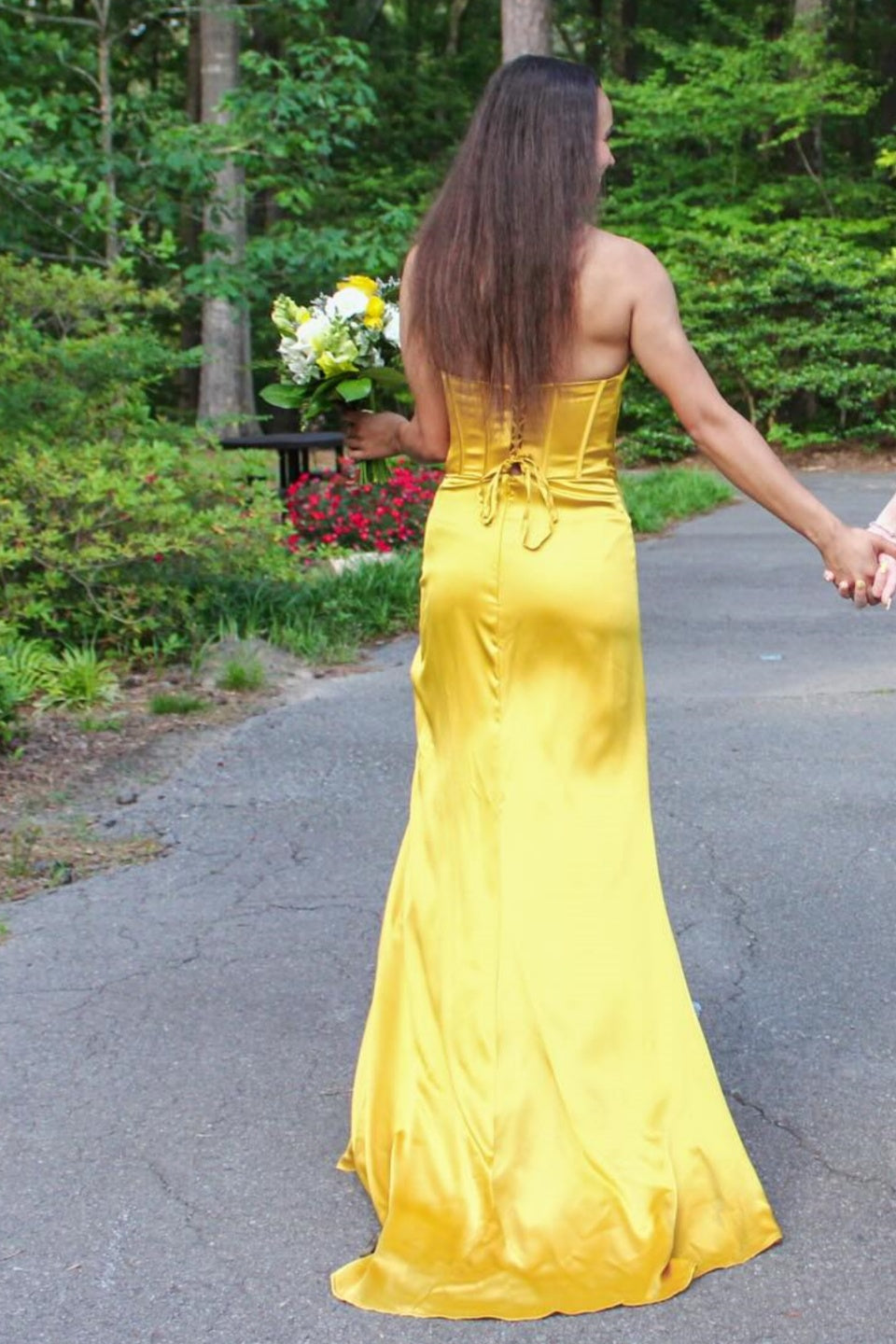 Yellow Satin Slit Sweetheart Mermaid Gown