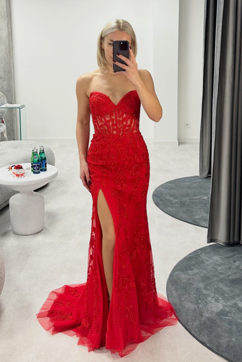 Purple Floral Sweetheart Slit Mermaid Gown