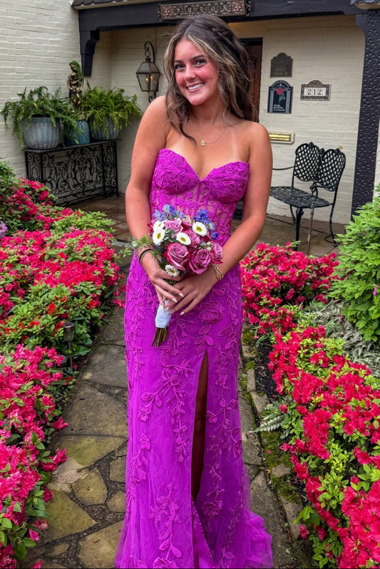 Purple Floral Sweetheart Slit Mermaid Gown