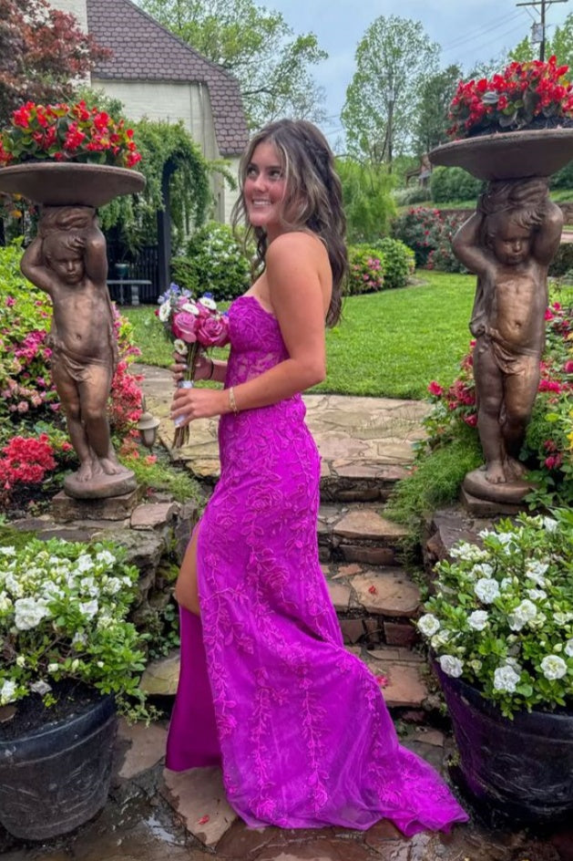 Purple Floral Sweetheart Slit Mermaid Gown