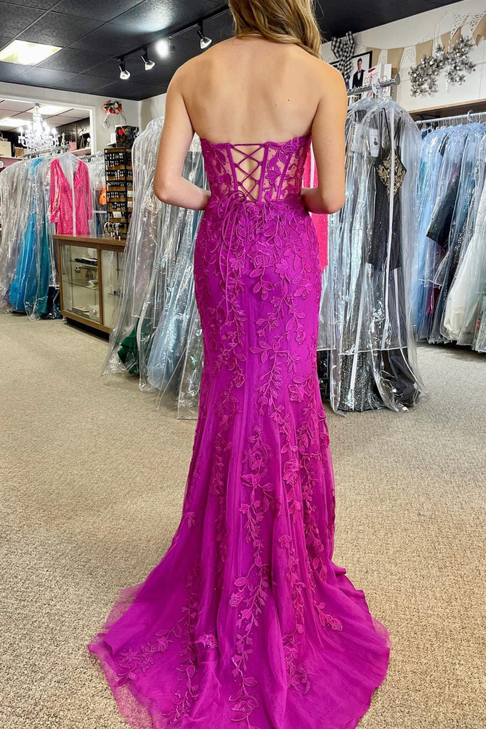 Purple Floral Sweetheart Slit Mermaid Gown