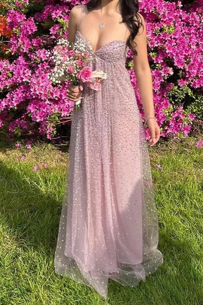 Pink A-line Spaghetti Straps Rhinestones Tulle Dress
