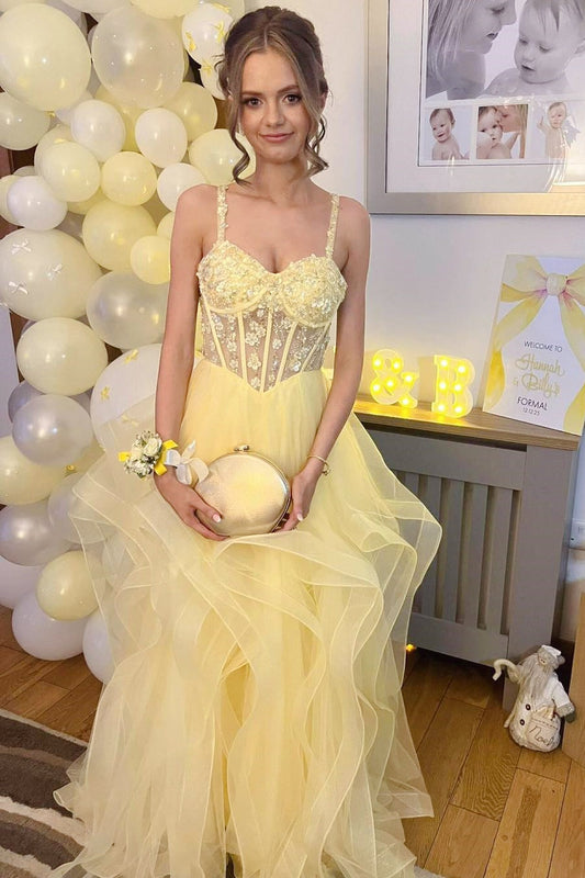 Yellow Sweetheart 3D Floral Spaghetti Straps A-line Dress