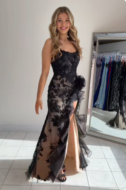 Strapless Sweetheart Black Slit Mermaid Prom Dress