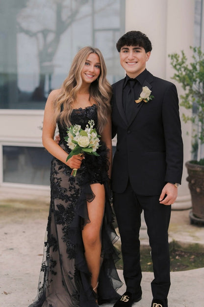 Strapless Sweetheart Black Slit Mermaid Prom Dress