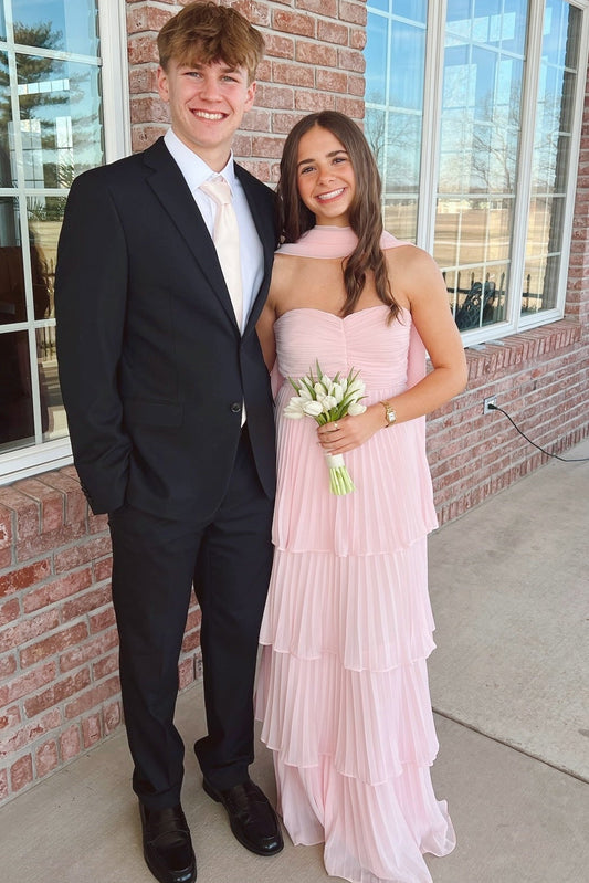 Strapless Pink Chiffon Pleated Ruffle Maxi Dress