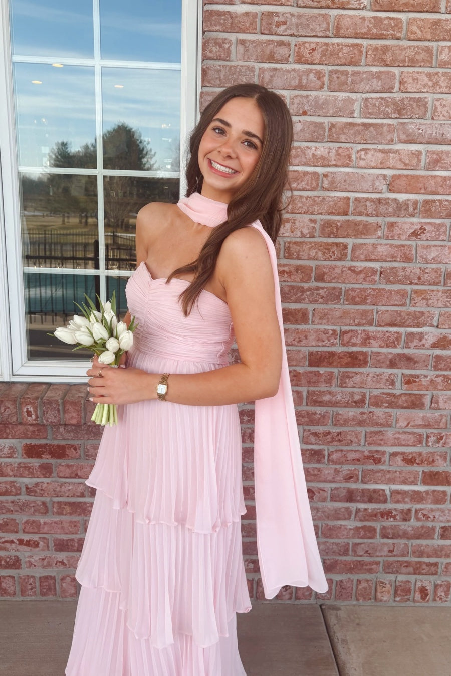 Strapless Pink Chiffon Pleated Ruffle Maxi Dress