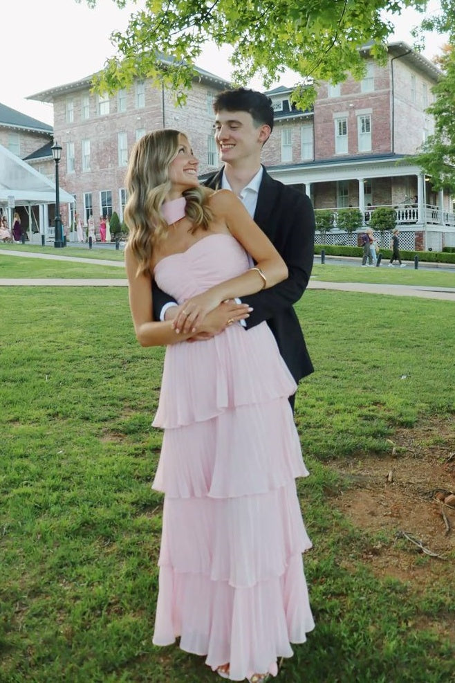 Strapless Pink Chiffon Pleated Ruffle Maxi Dress