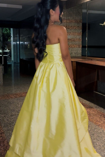 Yellow Satin Strapless Layered A-line Gown