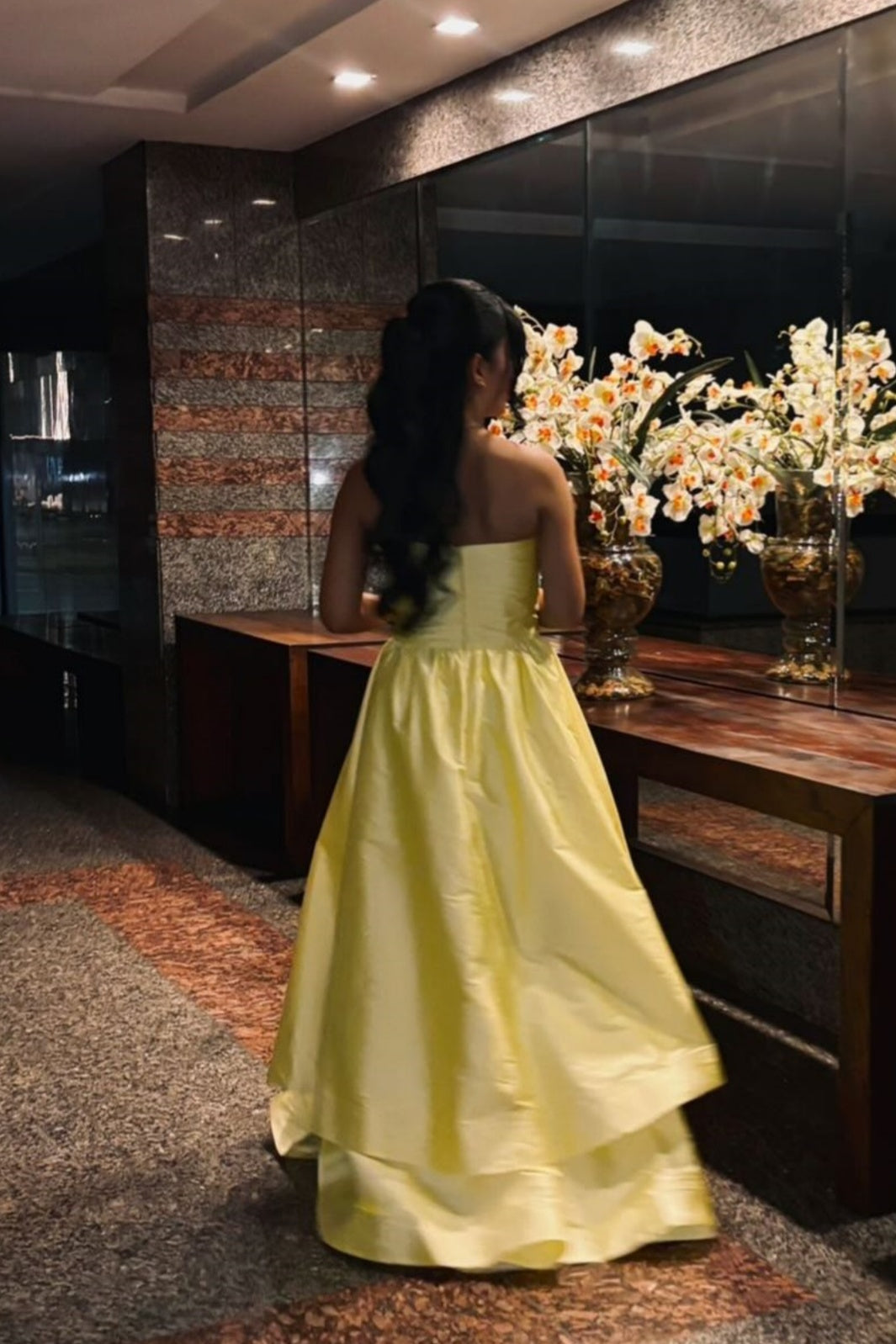 Yellow Satin Strapless Layered A-line Gown